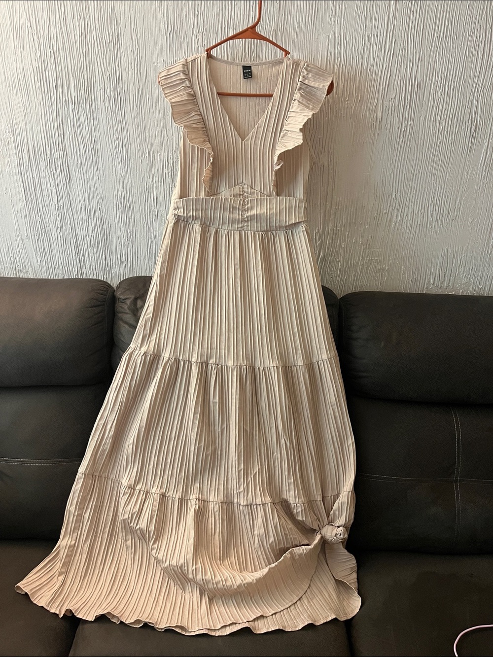 SHEIN Cream Ruffled V-Neck Pleated Maxi Dress